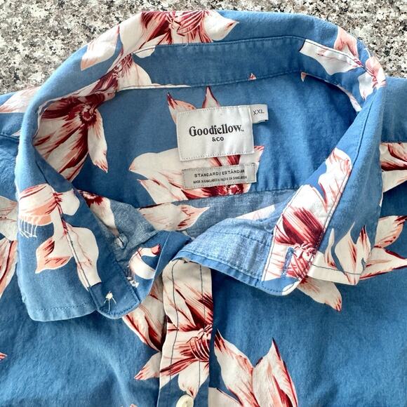 Goodfellow Shirt Men XXL Blue Hawaiian Floral Button Down Northrop Short Sleeve - Picture 10 of 14